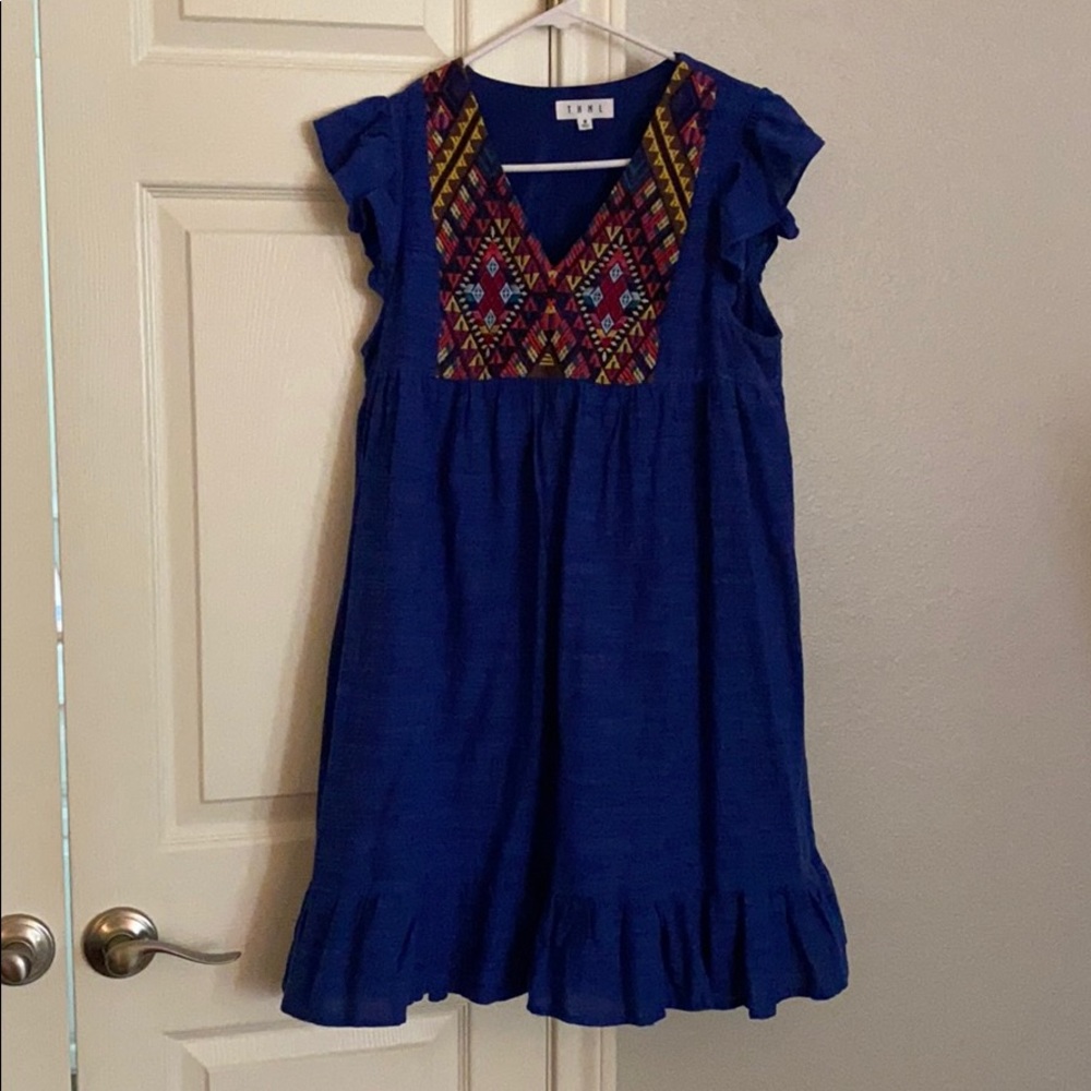 Embroidered Blue Cap Sleeve Shift Dress